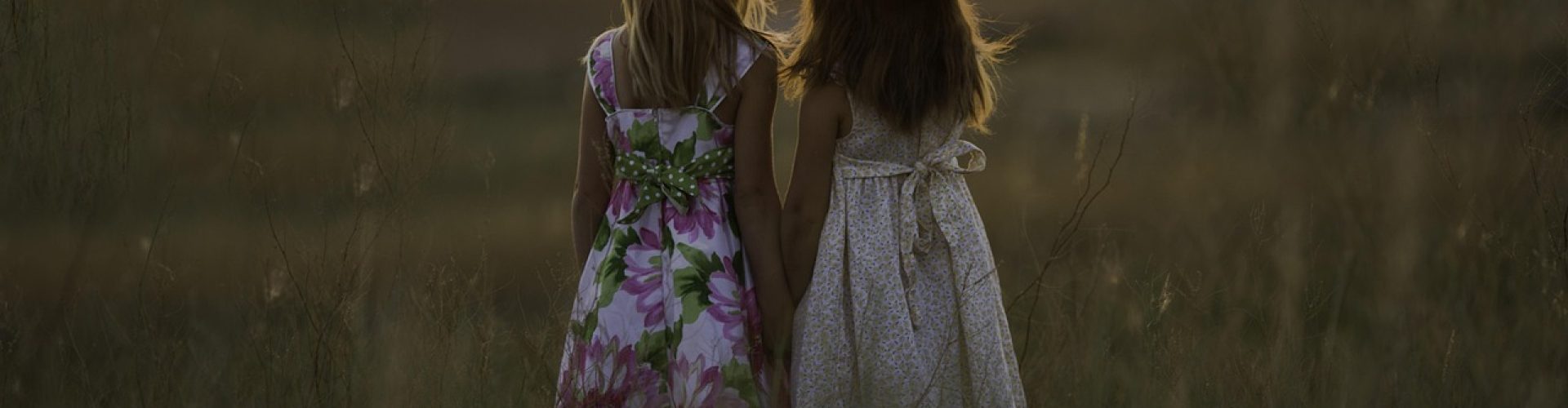 sisters, summer, children, girls, childhood, siblings, holding hands, hats, dusk, outdoors, fields, nature, rural, countryside, dresses