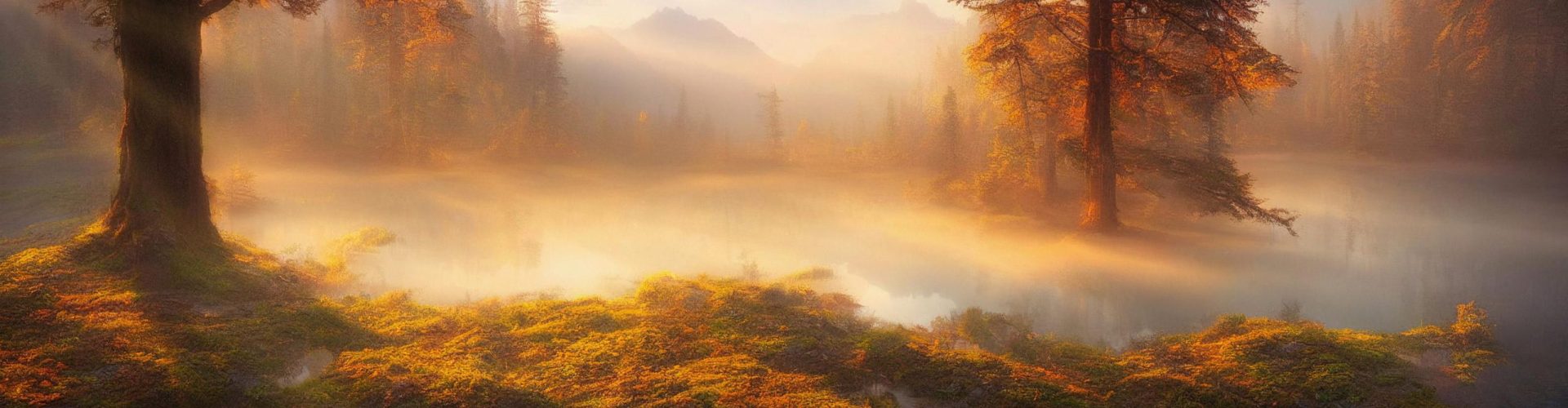 A mesmerizing autumn sunrise casting warm light over a misty forest lake, creating a serene and colorful landscape.